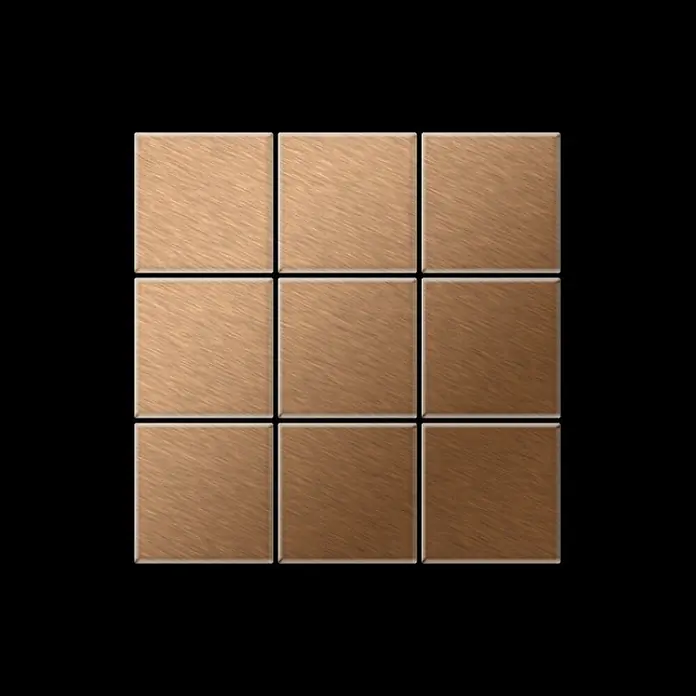 ALLOY Mosaikfliese Mosaik Fliese massiv Titan gebürstet kupfer 1,6mm stark Century-Ti-AB - 98 x 98 mm, Bronze, Sonstiges - Neun kupferfarbene quadratische Fliesen mit gebürsteter Metalloberfläche, in einem 3x3-Raster angeordnet.