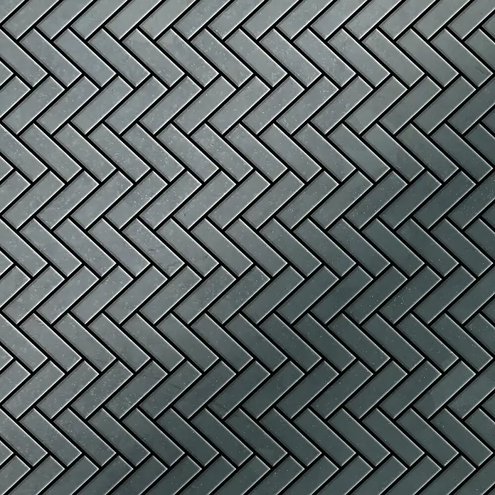 ALLOY Mosaikfliese Mosaik Fliese massiv Rohstahl gewalzt grau 1,6mm stark Herringbone-RS - 309 x 300 mm, Grau, Sonstiges - Dunkelgraue rechteckige Fliesen im eleganten Fischgrätmuster.