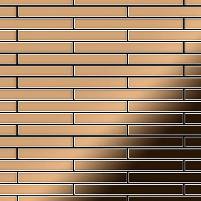 ALLOY Mosaikfliese Mosaik Fliese massiv Titan hochglänzend kupfer 1,6mm stark Avenue-Ti-AM - 289 x 315 mm, Bronze, Hochglänzend - Wand aus rechteckigen Fliesen mit horizontalem Farbverlauf von Beige zu Dunkelbraun, versetzt angeordnet mit schwarzen Fugen.