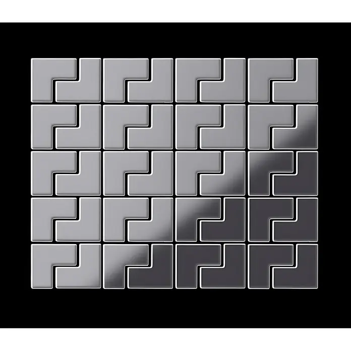 ALLOY Mosaikfliese Mosaik Fliese massiv Edelstahl hochglänzend grau 1,6mm stark Kink-S-S-M - 307 x 304 mm, Grau, Silber, Hochglänzend - Glänzende hell- und dunkelgraue L-förmige ineinandergreifende Puzzleteile in einem Raster angeordnet.