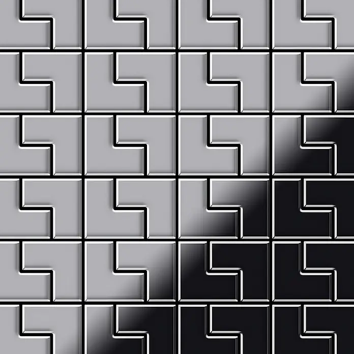 ALLOY Mosaikfliese Mosaik Fliese massiv Edelstahl hochglänzend grau 1,6mm stark Kink-S-S-M - 307 x 304 mm, Grau, Silber, Hochglänzend - Gleitendes Muster aus ineinandergreifenden L-förmigen Fliesen mit glänzendem Grau-Schwarz-Verlauf.