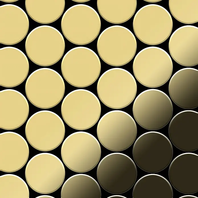 ALLOY Mosaikfliese Mosaik Fliese massiv Metall Messing gewalzt gold 1,6mm stark Medallion-BM - 313 x 256 mm, Gold, Sonstiges - Versetztes Gittermuster aus runden, metallischen Scheiben mit Gold-Bronze-Farbverlauf.