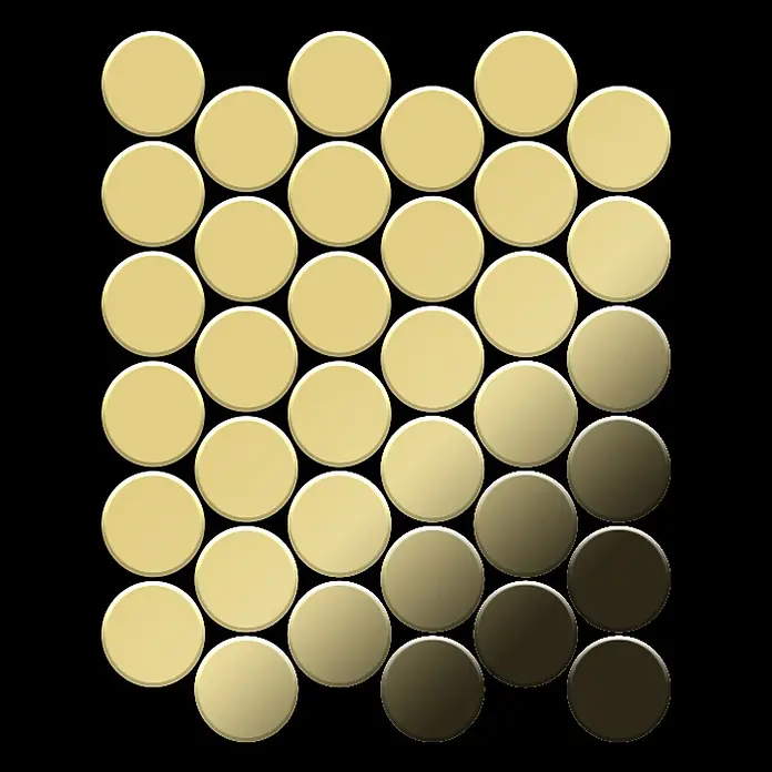 ALLOY Mosaikfliese Mosaik Fliese massiv Metall Messing gewalzt gold 1,6mm stark Medallion-BM - 313 x 256 mm, Gold, Sonstiges - Raster aus metallischen Kreisfliesen mit Gold-Bronze-Farbverlauf, die einen schimmernden Mosaikeffekt erzeugen.