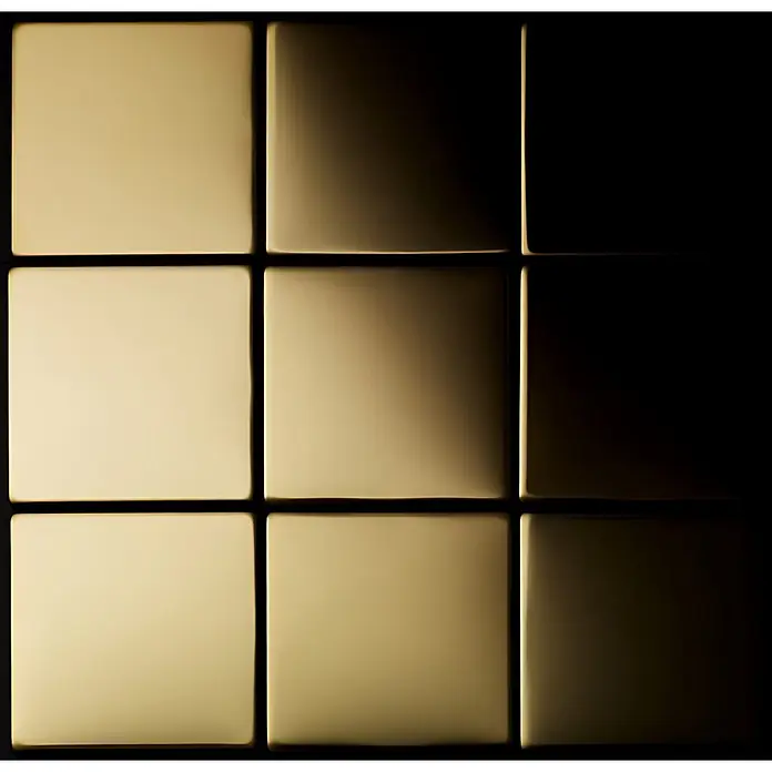 ALLOY Mosaikfliese Mosaik Fliese massiv Titan hochglänzend gold 1,6mm stark Attica-Ti-GM - 295 x 295 mm, Gold, Hochglänzend - Goldene Metallquadratplatten im Raster, Licht und Schatten reflektierend.
