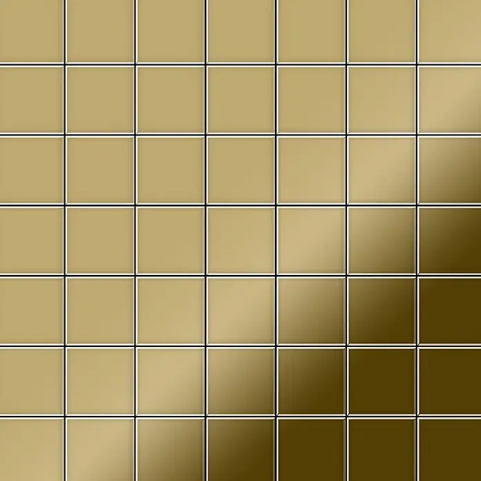 ALLOY Mosaikfliese Mosaik Fliese massiv Titan hochglänzend gold 1,6mm stark Attica-Ti-GM - 295 x 295 mm, Gold, Hochglänzend - Glänzende quadratische Fliesen in einem Gold- bis Dunkelbronze-Farbverlaufsmuster.