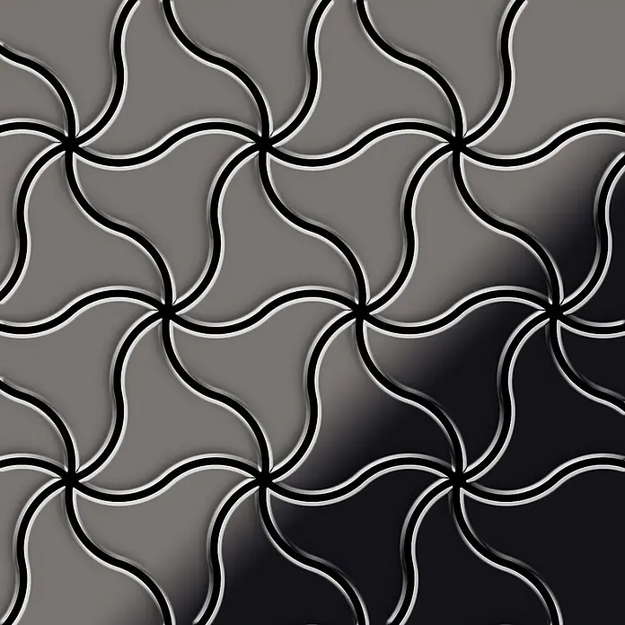ALLOY Mosaikfliese Mosaik Fliese massiv Metall Titan hochglanz dunkelgrau 1,6mm Ninja-Ti-SM - 313 x 255 mm, Schwarz, Grau, Hochglänzend - Nahtloses, ineinandergreifendes Muster aus wellenförmigen grauen Formen mit 3D-Effekt, zu Dunkelgrau übergehend.