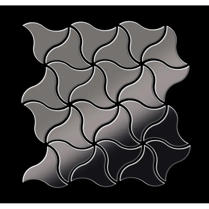 ALLOY Mosaikfliese Mosaik Fliese massiv Metall Titan hochglanz dunkelgrau 1,6mm Ninja-Ti-SM - 313 x 255 mm, Schwarz, Grau, Hochglänzend - Gekrümmte, grau-silberne Verbundfliesen bilden ein nahtloses geometrisches Muster mit 3D-Verlauf.