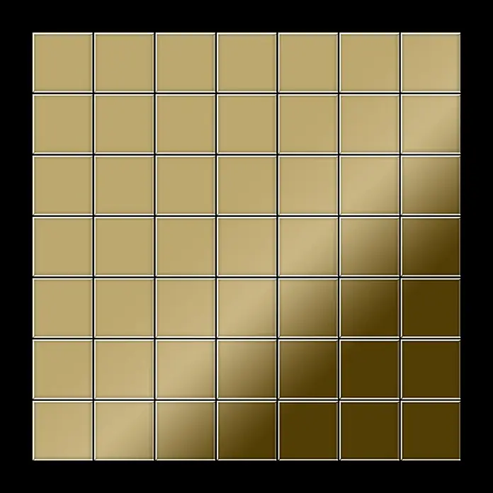 ALLOY Mosaikfliese Mosaik Fliese massiv Titan hochglänzend gold 1,6mm stark Attica-Ti-GM - 295 x 295 mm, Gold, Hochglänzend - 8x8-Gitter aus quadratischen Fliesen mit einem diagonalen Verlauf von Metallic-Gold zu Dunkelbronze.
