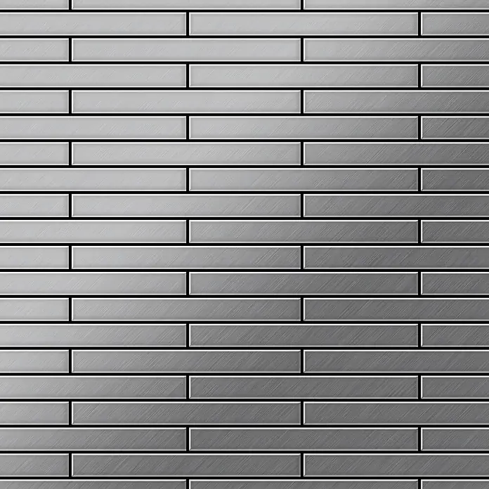 ALLOY Mosaikfliese Mosaik Fliese massiv Edelstahl gebürstet grau 1,6mm stark Deedee-S-S-B - 316 x 247 mm, Grau, Silber, Sonstiges - Gebürstete Metalltextur aus versetzten horizontalen grauen Rechteckpaneelen, die ein elegantes Industriemuster bilden.