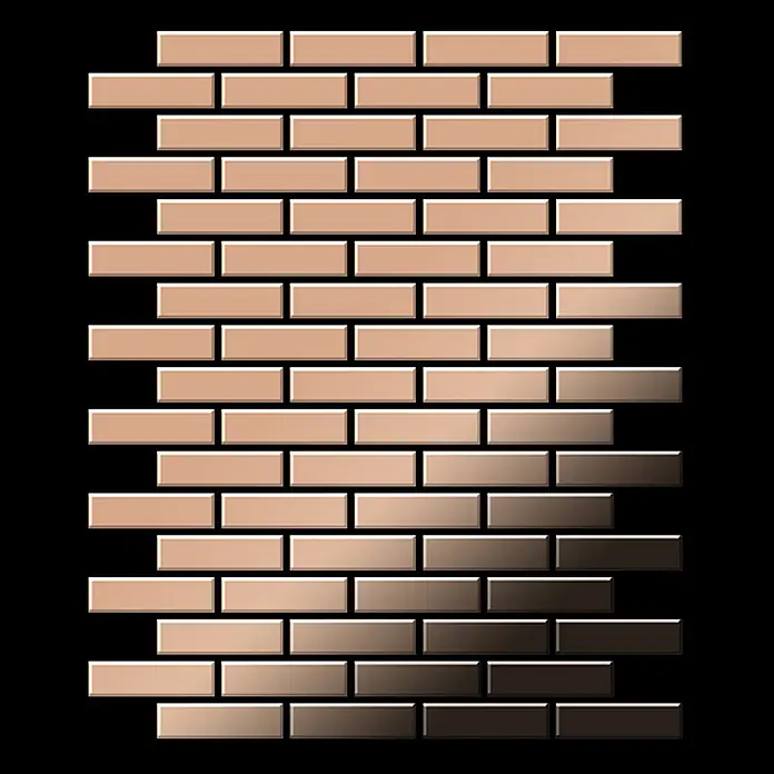 ALLOY Mosaikfliese Mosaik Fliese massiv Metall Kupfer gewalzt kupfer 1,6mm stark PK-CM - 309 x 302 mm, Bronze, Sonstiges - Rechteckige Ombré-Fliesen im Ziegelmuster, von Hellbeige zu Dunkelbraun verlaufend, glänzend.