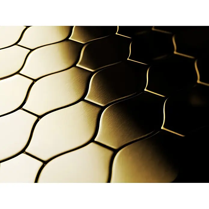 ALLOY Mosaikfliese Mosaik Fliese massiv Metall Titan gebürstet gold 1,6mm stark Karma-Ti-GB - 329 x 301 mm, Gold, Sonstiges - Goldene, gebürstete tropfenförmige Fliesen mit starken Glanzlichtern und Schatten. Elegante strukturierte Oberfläche.