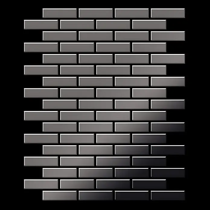 ALLOY Mosaikfliese Mosaik Fliese massiv Titan hochglänzend dunkelgrau 1,6mm stark PK-Ti-SM - 309 x 302 mm, Schwarz, Grau, Hochglänzend - Glänzende rechteckige Mosaikfliesen im Grau-Dunkelgrau-Farbverlauf, im Ziegelmuster angeordnet.