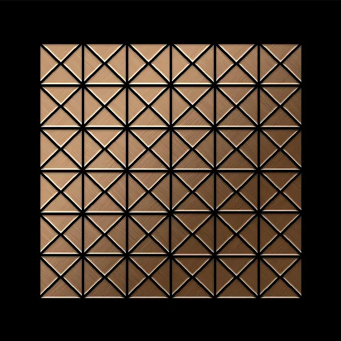 ALLOY Mosaikfliese Mosaik Fliese massiv Metall Titan gebürstet kupfer 1,6mm stark Deco-Ti-AB - 303 x 303 mm, Bronze, Sonstiges - Quadratische Platte mit einem bronzefarbenen, gebürsteten geometrischen Muster aus geprägten Dreiecken.