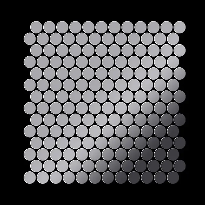ALLOY Mosaikfliese Mosaik Fliese massiv Metall Edelstahl hochglanz grau 1,6mm Penny-S-S-M - 302 x 316 mm, Grau, Silber, Hochglänzend - Blatt aus runden grauen Mosaikfliesen mit einem Hell-Dunkel-Verlauf.