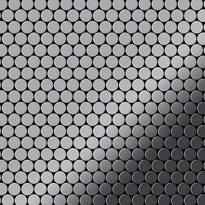 ALLOY Mosaikfliese Mosaik Fliese massiv Metall Edelstahl hochglanz grau 1,6mm Penny-S-S-M - 302 x 316 mm, Grau, Silber, Hochglänzend - Nahtloses Muster aus runden, grauen Fliesen mit diagonalem Hell-Dunkel-Verlauf.