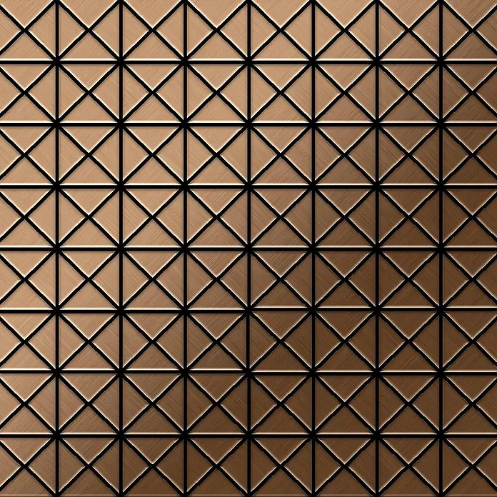ALLOY Mosaikfliese Mosaik Fliese massiv Metall Titan gebürstet kupfer 1,6mm stark Deco-Ti-AB - 303 x 303 mm, Bronze, Sonstiges - Bronzefarbene geometrische Platte mit gebürsteter Textur. Ein Gitter aus verbundenen Dreiecken zeigt einen Hell-Dunkel-Verlauf.
