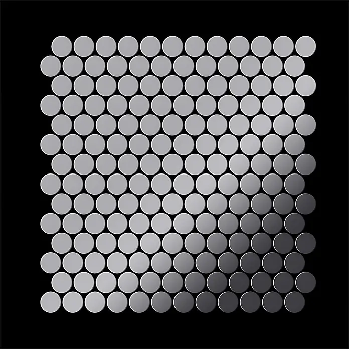 ALLOY Mosaikfliese Mosaik Fliese massiv Metall Edelstahl hochglanz grau 1,6mm Penny-S-S-M - 302 x 316 mm, Grau, Silber, Hochglänzend - Bogen runde Mosaikfliesen mit Farbverlauf von hell- zu dunkelgrau.