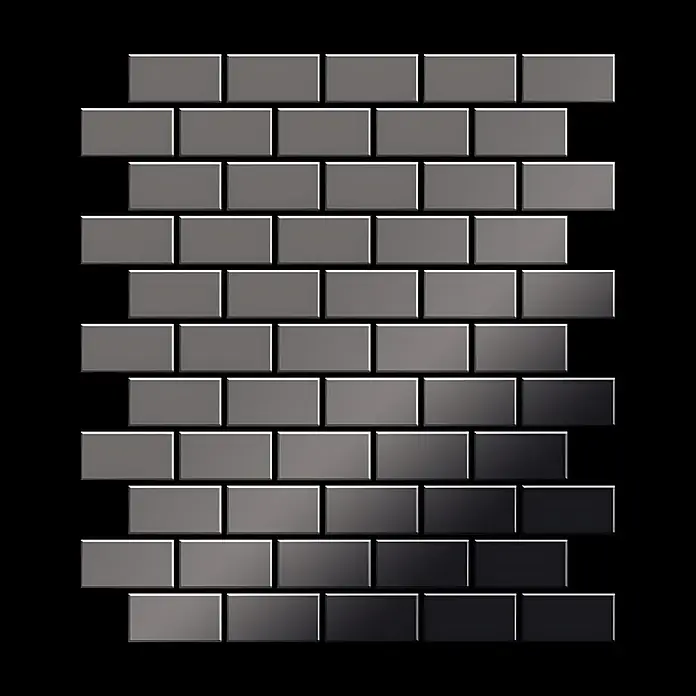 ALLOY Mosaikfliese Mosaik Fliese massiv Metall Titan hochglanz dunkelgrau 1,6mm House-Ti-SM - 318 x 307 mm, Schwarz, Grau, Hochglänzend - Rechteckige Fliesen im Grau-Schwarz-Verlauf, in versetztem Ziegelmuster angeordnet.