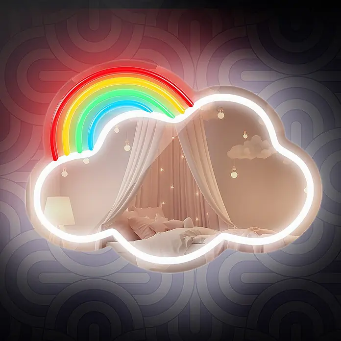 Lámpara decorativa Mirror LED Cloud - 4 W, 32 x 26 cm, Interruptor, Espejo Nube - Luz de neón nube y arcoíris, iluminando un dormitorio acogedor. Decoración de pared.