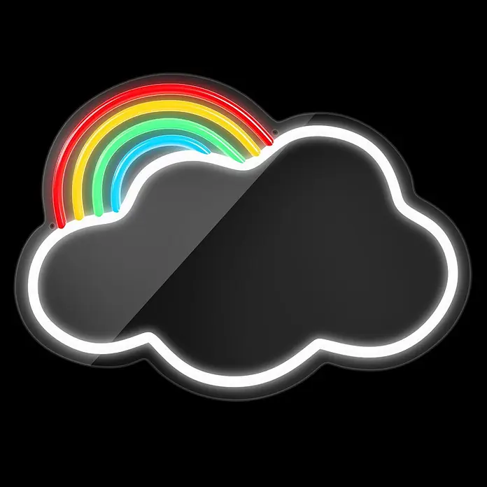 Lámpara decorativa Mirror LED Cloud - 4 W, 32 x 26 cm, Interruptor, Espejo Nube - Letrero de neón en forma de nube con contorno blanco y un arcoíris luminoso en rojo, amarillo, verde y azul.