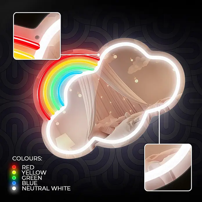 Lámpara decorativa Mirror LED Cloud - 4 W, 32 x 26 cm, Interruptor, Espejo Nube - Luz de neón en forma de nube blanca neutra con arcoíris (rojo, amarillo, verde, azul) sobre un dosel de cama.