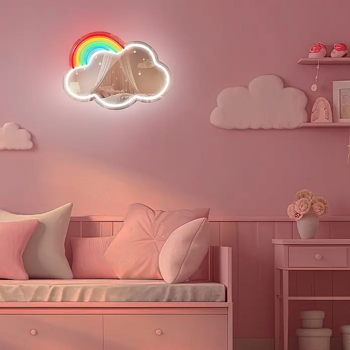 Lámpara decorativa Mirror LED Cloud - 4 W, 32 x 26 cm, Interruptor, Espejo Nube - Espejo de nube de neón con arcoíris colorido, que refleja una cama acogedora. Decoración de pared en habitación infantil rosa.