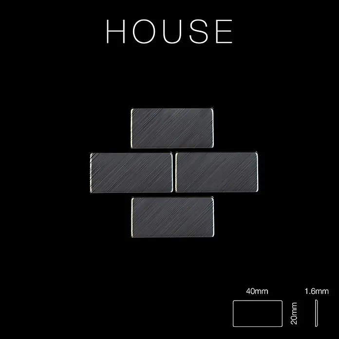 ALLOY Mosaikfliese Mosaik Fliese massiv Metall Titan hochglanz dunkelgrau 1,6mm House-Ti-SM - 318 x 307 mm, Schwarz, Grau, Hochglänzend - Vier kleine rechteckige Fliesen aus gebürstetem Metall, kreuzförmig angeordnet.