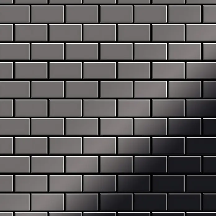 ALLOY Mosaikfliese Mosaik Fliese massiv Metall Titan hochglanz dunkelgrau 1,6mm House-Ti-SM - 318 x 307 mm, Schwarz, Grau, Hochglänzend - Rechteckige graue Fliesen in einem Wandmuster, mit einem Hell-Dunkel-Grau-Verlauf.