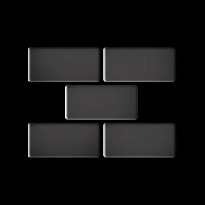 ALLOY Mosaikfliese Mosaik Fliese massiv Metall Titan hochglanz dunkelgrau 1,6mm House-Ti-SM - 318 x 307 mm, Schwarz, Grau, Hochglänzend - Fünf dunkelgraue rechteckige Blöcke mit abgerundeten Ecken, in einem versetzten Ziegelmuster angeordnet.