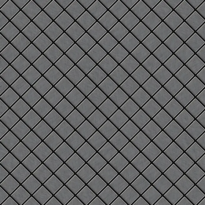 ALLOY Mosaikfliese Mosaik Fliese massiv Metall Titan gebürstet dunkelgrau 1,6mm Diamond-Ti-SB - 319 x 319 mm, Schwarz, Grau, Sonstiges - Nahtloses Muster aus grauen, gebürsteten Metallquadraten in einem diagonalen Raster.