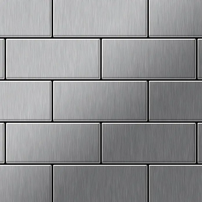 ALLOY Mosaikfliese Mosaik Fliese massiv Edelstahl marine gebürstet grau 1,6mm Subway-S-S-MB - 76 x 152 mm, Grau, Silber, Blau, Sonstiges - Silberne, gebürstete Metallrechteckfliesen im Ziegelmuster angeordnet.