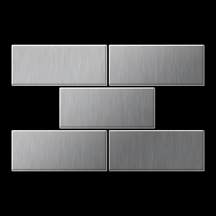 ALLOY Mosaikfliese Mosaik Fliese massiv Edelstahl marine gebürstet grau 1,6mm Subway-S-S-MB - 76 x 152 mm, Grau, Silber, Blau, Sonstiges - Fünf rechteckige, gebürstete Metallplatten in Ziegelmuster-Anordnung.