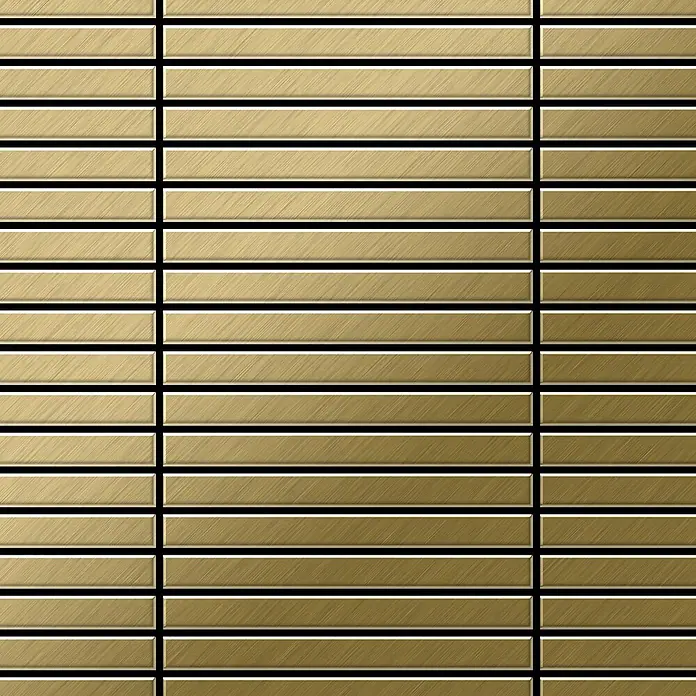 ALLOY Mosaikfliese Mosaik Fliese massiv Metall Titan gebürstet gold 1,6mm stark Linear-Ti-GB - 316 x 297 mm, Gold, Sonstiges - Rechteckige goldfarbene Metallfliesen mit gebürsteter Textur, in einem Raster mit schwarzen Fugenlinien angeordnet.