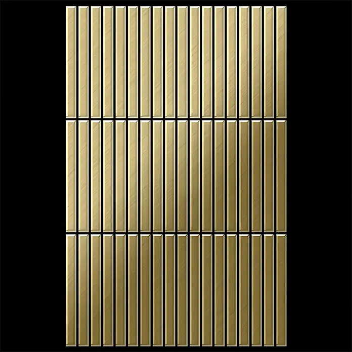 ALLOY Mosaikfliese Mosaik Fliese massiv Metall Titan gebürstet gold 1,6mm stark Linear-Ti-GB - 316 x 297 mm, Gold, Sonstiges - Goldene rechteckige Fliesen aus gebürstetem Metall, vertikal in Reihen angeordnet.