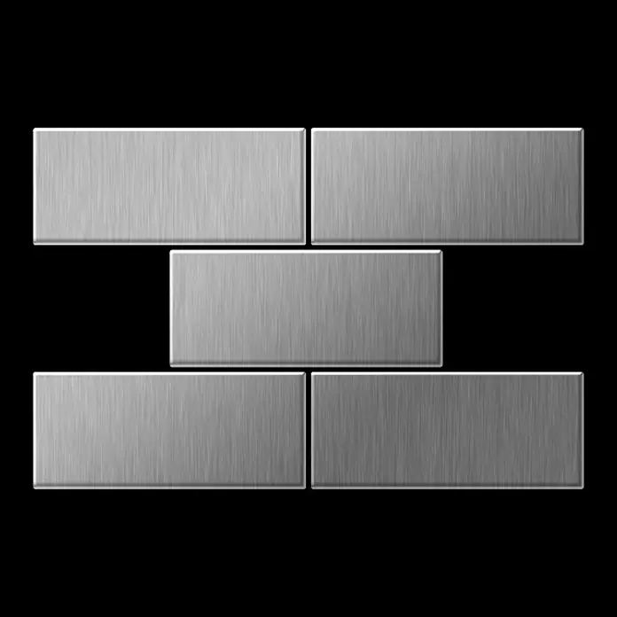 ALLOY Mosaikfliese Mosaik Fliese massiv Edelstahl marine gebürstet grau 1,6mm Subway-S-S-MB - 76 x 152 mm, Grau, Silber, Blau, Sonstiges - Fünf rechteckige Fliesen aus gebürstetem Metall in versetztem Muster.