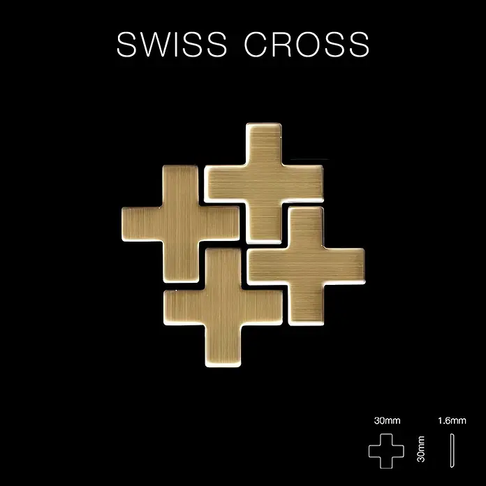 ALLOY Mosaikfliese Mosaik Fliese massiv Titan gebürstet gold 1,6mm stark Swiss Cross-Ti-GB - 322 x 322 mm, Gold, Sonstiges - Vier miteinander verbundene Schweizer Kreuze aus gebürstetem Messing, 30x30x1,6mm.