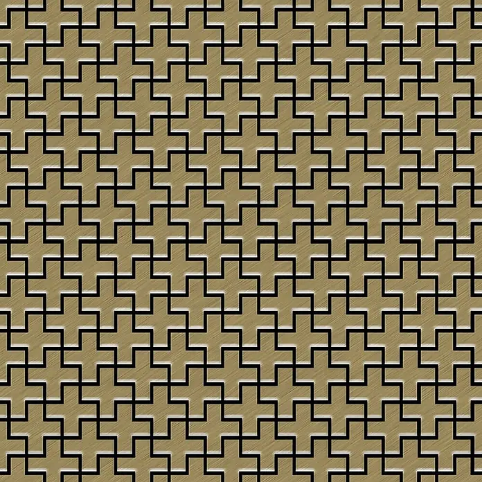 ALLOY Mosaikfliese Mosaik Fliese massiv Titan gebürstet gold 1,6mm stark Swiss Cross-Ti-GB - 322 x 322 mm, Gold, Sonstiges - Nahtloses Muster aus ineinandergreifenden goldbraunen Kreuzen mit schwarzen Umrissen, gebürstete Metalltextur.