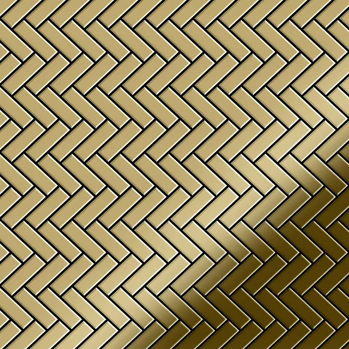 ALLOY Mosaikfliese Mosaik Fliese massiv Metall Titan hochglanz gold 1,6mm Herringbone-Ti-GM - 309 x 300 mm, Gold, Hochglänzend - Glänzendes goldenes Fischgrätmuster aus Metall, ideal für luxuriöse Fliesen oder Wandverkleidungen.