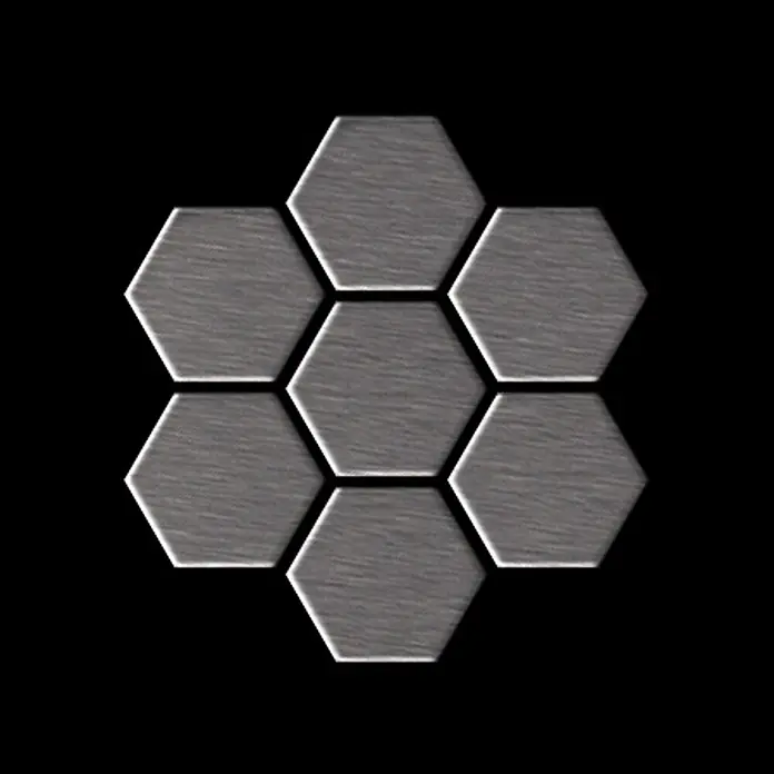 ALLOY Mosaikfliese Mosaik Fliese massiv Edelstahl gebürstet grau 1,6mm stark Honey-S-S-B - 329 x 332 mm, Grau, Silber, Sonstiges - Sieben graue, gebürstete Metall-Sechseckplatten in Wabenmuster angeordnet.
