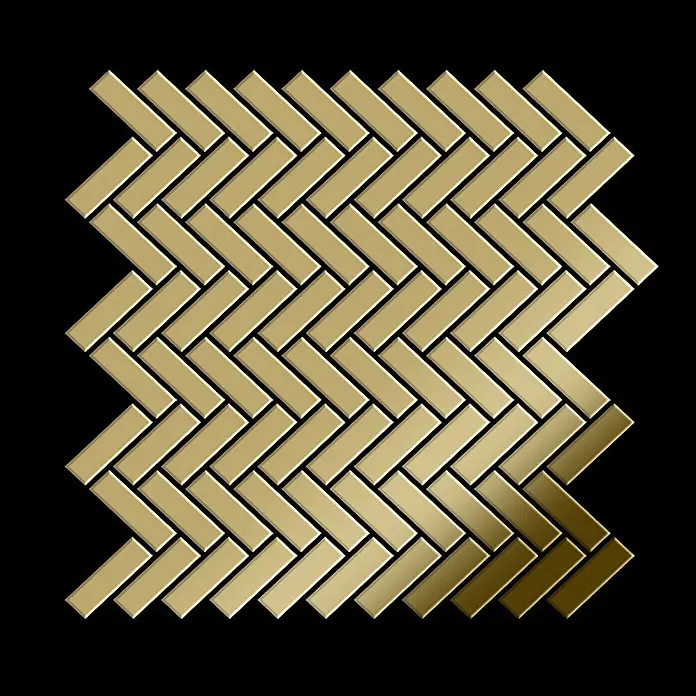 ALLOY Mosaikfliese Mosaik Fliese massiv Metall Titan hochglanz gold 1,6mm Herringbone-Ti-GM - 309 x 300 mm, Gold, Hochglänzend - Goldfarbene rechteckige Mosaikfliesen im Fischgrätmuster.