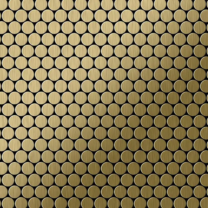 ALLOY Mosaikfliese Mosaik Fliese massiv Metall Titan gebürstet gold 1,6mm stark Penny-Ti-GB - 302 x 316 mm, Gold, Sonstiges - Muster aus goldfarbenen, gebürsteten Metallkreisen mit horizontaler linearer Textur.