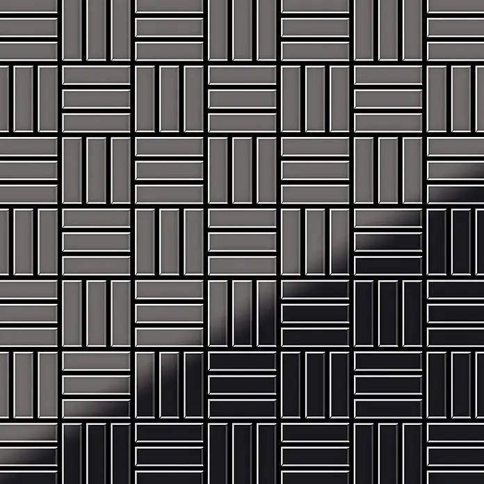 ALLOY Mosaikfliese Mosaik Fliese massiv Titan hochglanz dunkelgrau 1,6mm Basketweave-Ti-SM - 288 x 288 mm, Schwarz, Grau, Hochglänzend - Glänzendes grau-schwarzes U-Bahn-Fliesenmuster im Korbflecht-Muster.
