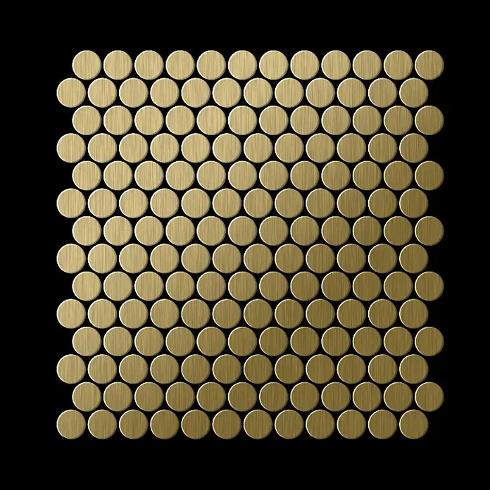 ALLOY Mosaikfliese Mosaik Fliese massiv Metall Titan gebürstet gold 1,6mm stark Penny-Ti-GB - 302 x 316 mm, Gold, Sonstiges - Runde Mosaikfliesen aus gebürstetem Messing.