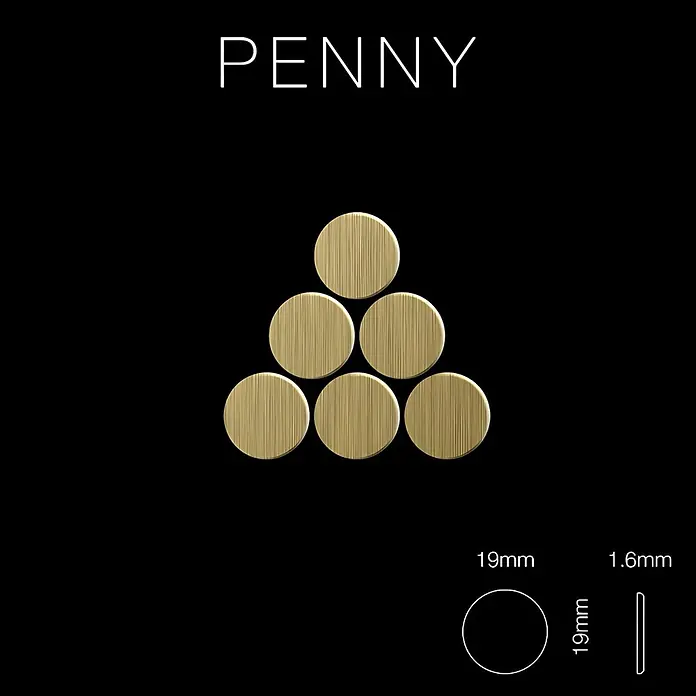 ALLOY Mosaikfliese Mosaik Fliese massiv Metall Titan gebürstet gold 1,6mm stark Penny-Ti-GB - 302 x 316 mm, Gold, Sonstiges - Sechs goldene, gebürstete Rundrohlinge pyramidenförmig angeordnet, mit Maßen von 19 mm Durchmesser und 1,6 mm Dicke.