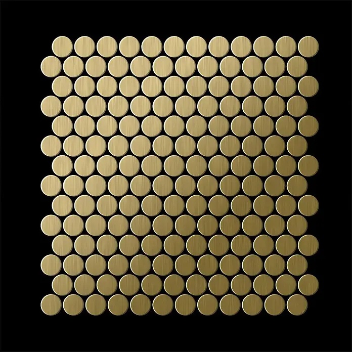 ALLOY Mosaikfliese Mosaik Fliese massiv Metall Titan gebürstet gold 1,6mm stark Penny-Ti-GB - 302 x 316 mm, Gold, Sonstiges - Quadratische Matte aus goldenen, gebürsteten Penny-Round-Mosaikfliesen aus Metall.