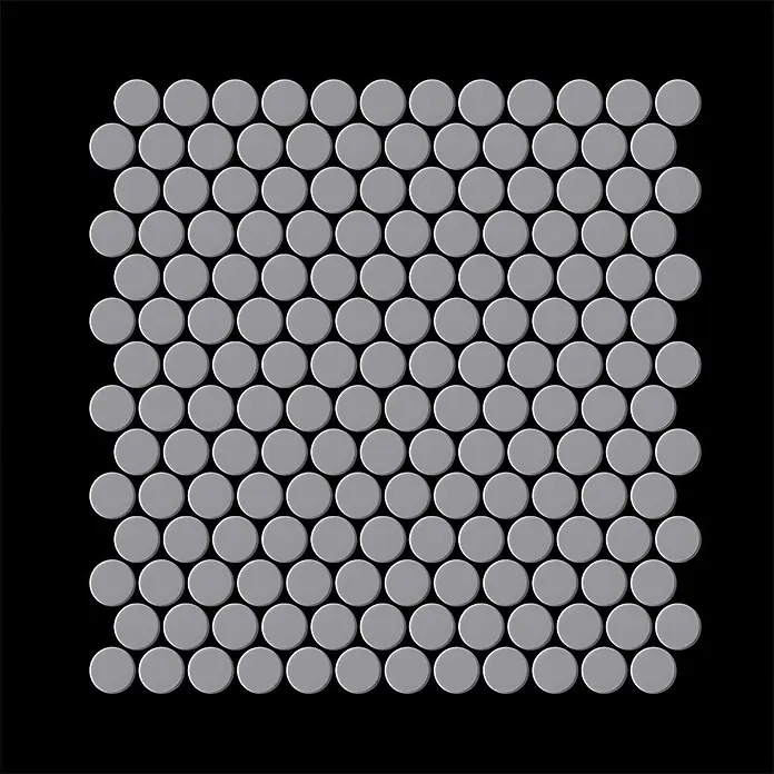 ALLOY Mosaikfliese Mosaik Fliese massiv Metall Edelstahl matt grau 1,6mm stark Penny-S-S-MA - 302 x 316 mm, Grau, Silber, Matt - Hellgraue, runde Mosaikfliesen in einem Gittermuster.