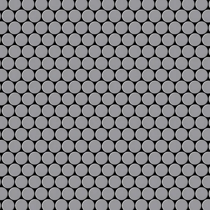 ALLOY Mosaikfliese Mosaik Fliese massiv Metall Edelstahl matt grau 1,6mm stark Penny-S-S-MA - 302 x 316 mm, Grau, Silber, Matt - Graue runde Fliesen in einem Muster angeordnet.