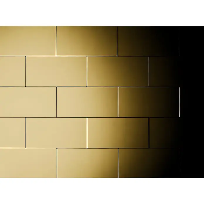 ALLOY Mosaikfliese Mosaik Fliese massiv Metall Messing gewalzt gold 1,6mm stark Subway-BM - 76 x 152 mm, Gold, Sonstiges - Goldfarbene, rechteckige Metallwandfliesen mit Farbverlauf, die eine moderne Wandverkleidung bilden.