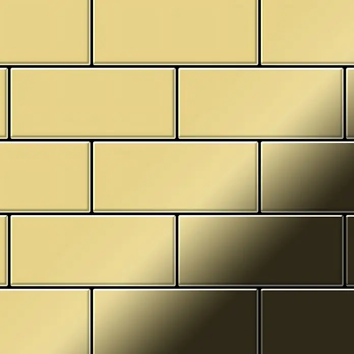 ALLOY Mosaikfliese Mosaik Fliese massiv Metall Messing gewalzt gold 1,6mm stark Subway-BM - 76 x 152 mm, Gold, Sonstiges - Glänzende goldgelbe und dunkelgoldene rechteckige Fliesen in versetztem Mauerwerksmuster.