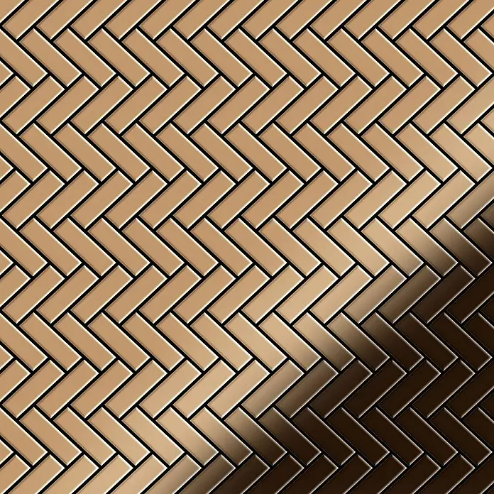 ALLOY Mosaikfliese Mosaik Fliese massiv Metall Titan gebürstet kupfer 1,6mm Herringbone-Ti-AB - 309 x 300 mm, Bronze, Sonstiges - Glänzende goldbronze Fischgrätfliesen mit Hell-Dunkel-Verlauf.